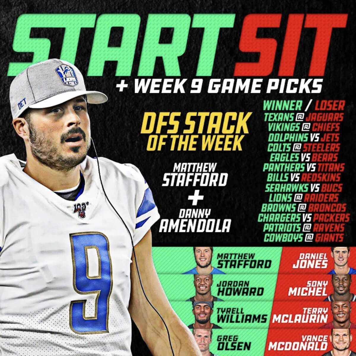 Start Sit + Week 9 Game Picks